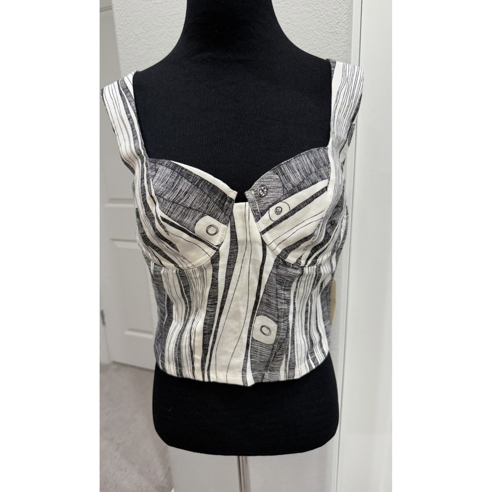 NWT Raquel Allegra Line Print Linen-Blend Bustier Corset Top Made in USA Sz M